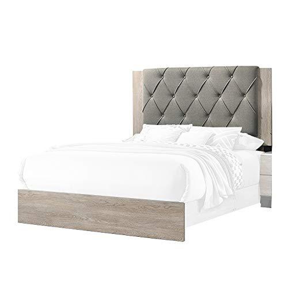 Benjara Wooden Eastern King Bed With Button Tufted Headboard, Gray And Cream