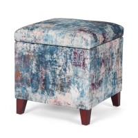 Adeco 18 Inch High Cube Ottoman Storage, Linen Chair Foot Stools, Upholstered Vanity Stool With Hinged Lid, Solid Wood Legs