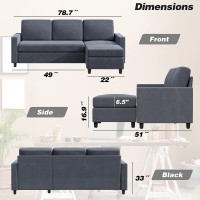 JY QAQA Convertible Sectional Sofa Couch with 3-Seat Sofa, L-Shaped Ottoman Couch with Modern Linen Fabric for Small Living Room, Apartment and Small Space (Dark Grey)