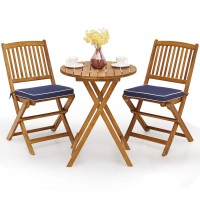 Giantex 3Pcs Patio Bistro Set, Wood Folding Table Set, 2 Cushioned Chairs For Garden Yard, Outdoor Furniture Round Table (Natural & Navy Blue)