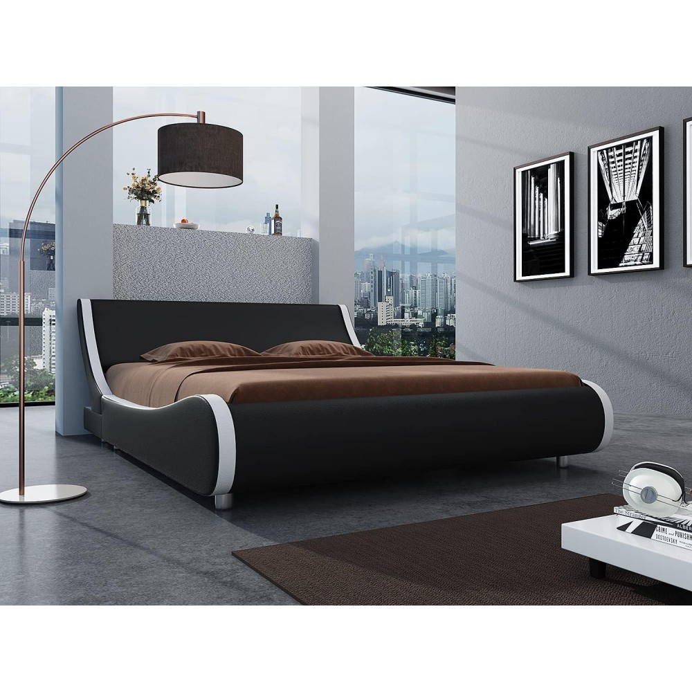 Sha Cerlin Modern Low Profile Platform Bed Frame Queen Size, Stylish Faux Leather Upholstered Sleigh Bed With Adjustable Headboard, No Box Spring Needed, Black&White