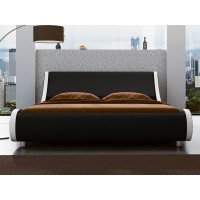 Sha Cerlin Modern Low Profile Platform Bed Frame Queen Size, Stylish Faux Leather Upholstered Sleigh Bed With Adjustable Headboard, No Box Spring Needed, Black&White