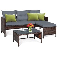 Tangkula Patio Corner Sofa Set 3 Piece, Outdoor Rattan Sofa Set, Includes Lounge Chaise, Loveseat & Coffee Table, Patio Garden Poolside Lawn Backyard Furniture