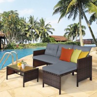 Tangkula Patio Corner Sofa Set 3 Piece, Outdoor Rattan Sofa Set, Includes Lounge Chaise, Loveseat & Coffee Table, Patio Garden Poolside Lawn Backyard Furniture