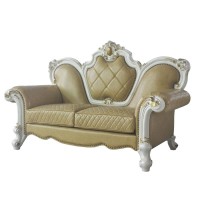 Benjara Leatherette Loveseat With Diamond Stitching And Carvings, White And Beige