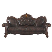 Benjara Leatherette Sofa With Diamond Stitching And Carved Details, Brown