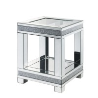 Benjara End Table With Faux Gemstone Accents And Open Bottom Mirrored Shelf, Silver