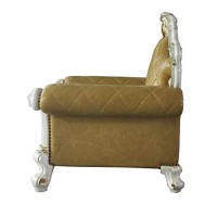 Benjara Leatherette Chair With Diamond Stitching And Carvings, White And Beige