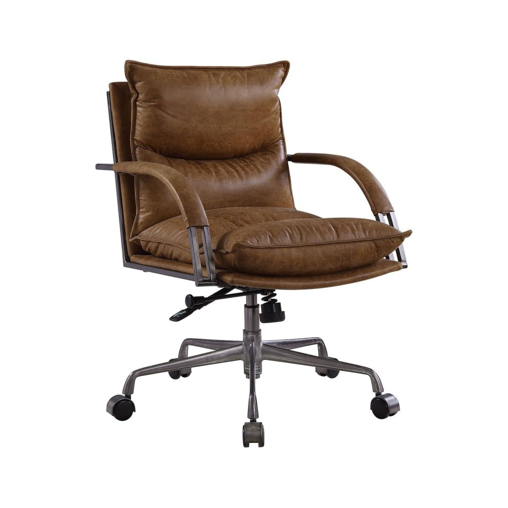 Benjara Swivel Leatherette Tufted Office Chair With Metal Star Base, Brown