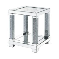 Benjara End Table With Faux Gemstone Accents And Mirrored Open Bottom Shelf, Silver