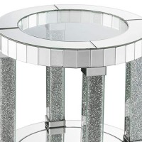 Benjara Round Mirrored Frame End Table With Faux Diamond And Bottom Shelf, Silver