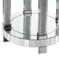 Benjara Round Mirrored Frame End Table With Faux Diamond And Bottom Shelf, Silver
