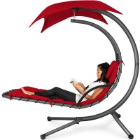 Best Choice Products Outdoor Hanging Curved Steel Chaise Lounge Chair Swing Wbuiltin Pillow And Removable Canopy Red