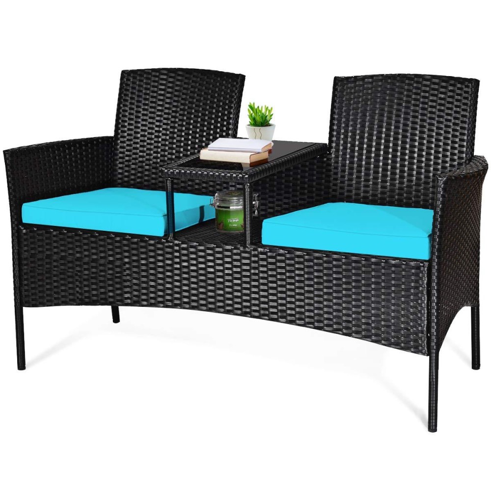 Tangkula Wicker Patio Conversation Furniture Set, Outdoor Furniture Set With Removable Cushions & Table, Tempered Glass Top, Modern Rattan Bench For Garden Lawn Backyard (Turquoise)