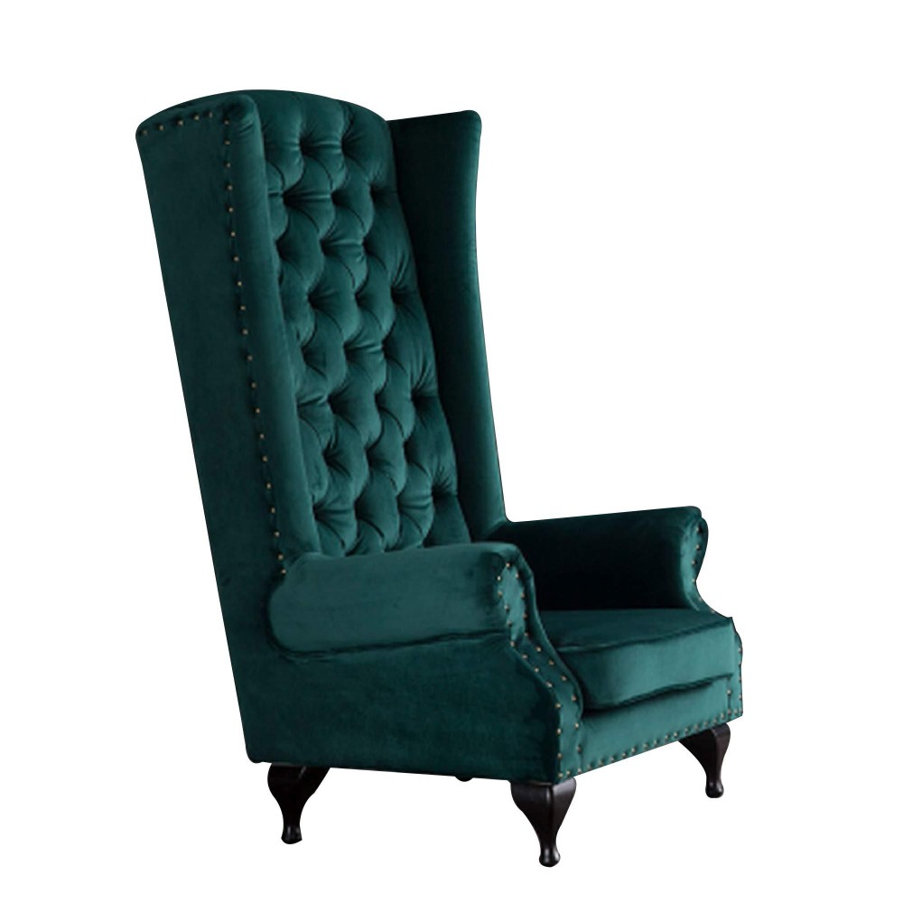 Benjara Button Tufted Fabric Accent Chair With High Wingback And Rolled Arms, Green