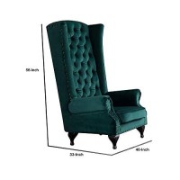 Benjara Button Tufted Fabric Accent Chair With High Wingback And Rolled Arms, Green