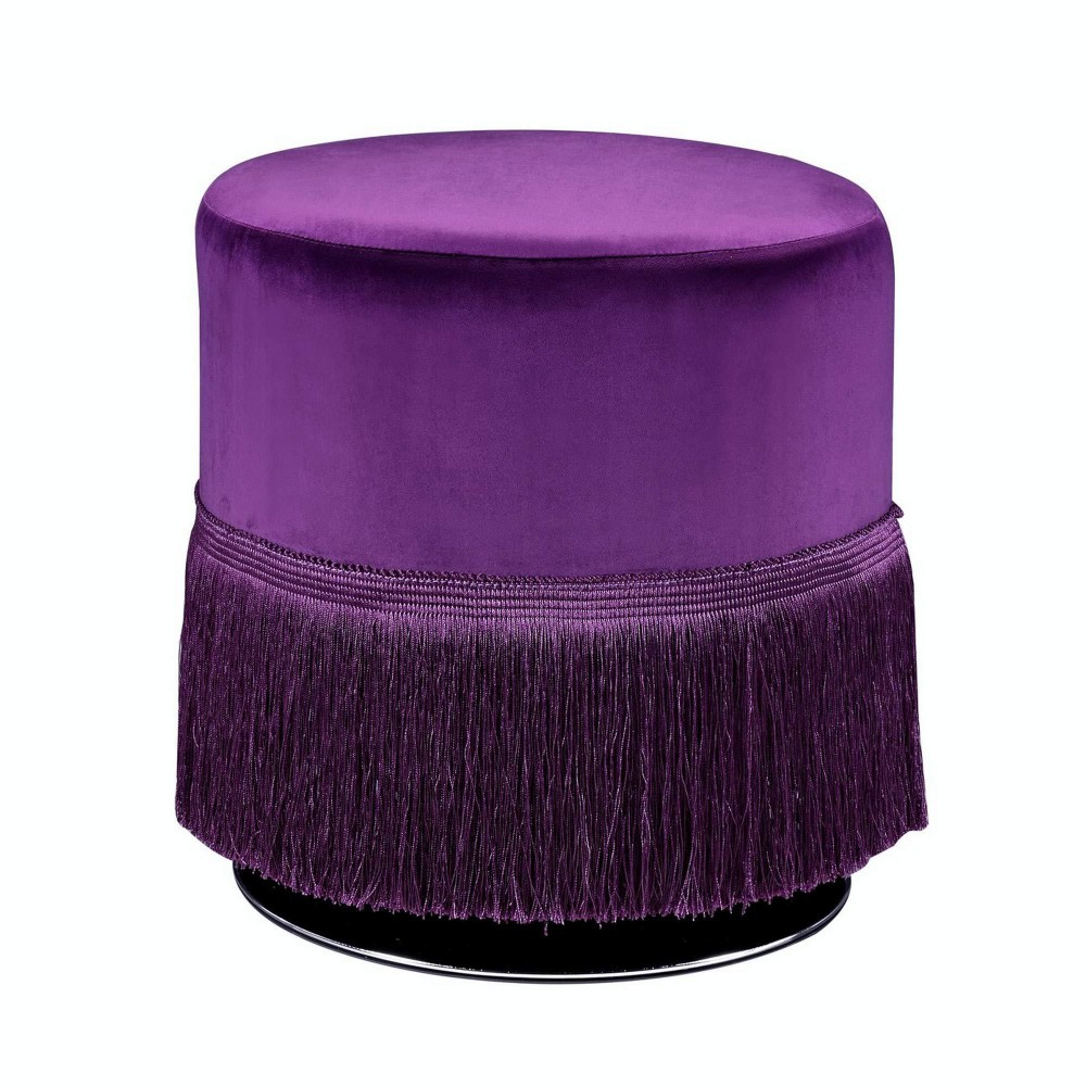 Benjara Fabric Upholstered Round Ottoman With Fringes And Metal Base, Purple