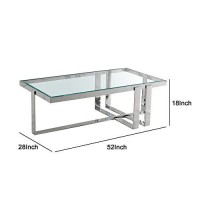 Benjara Rectangular Glass Top Coffee Table With Metal Frame Base, Silver, Clear