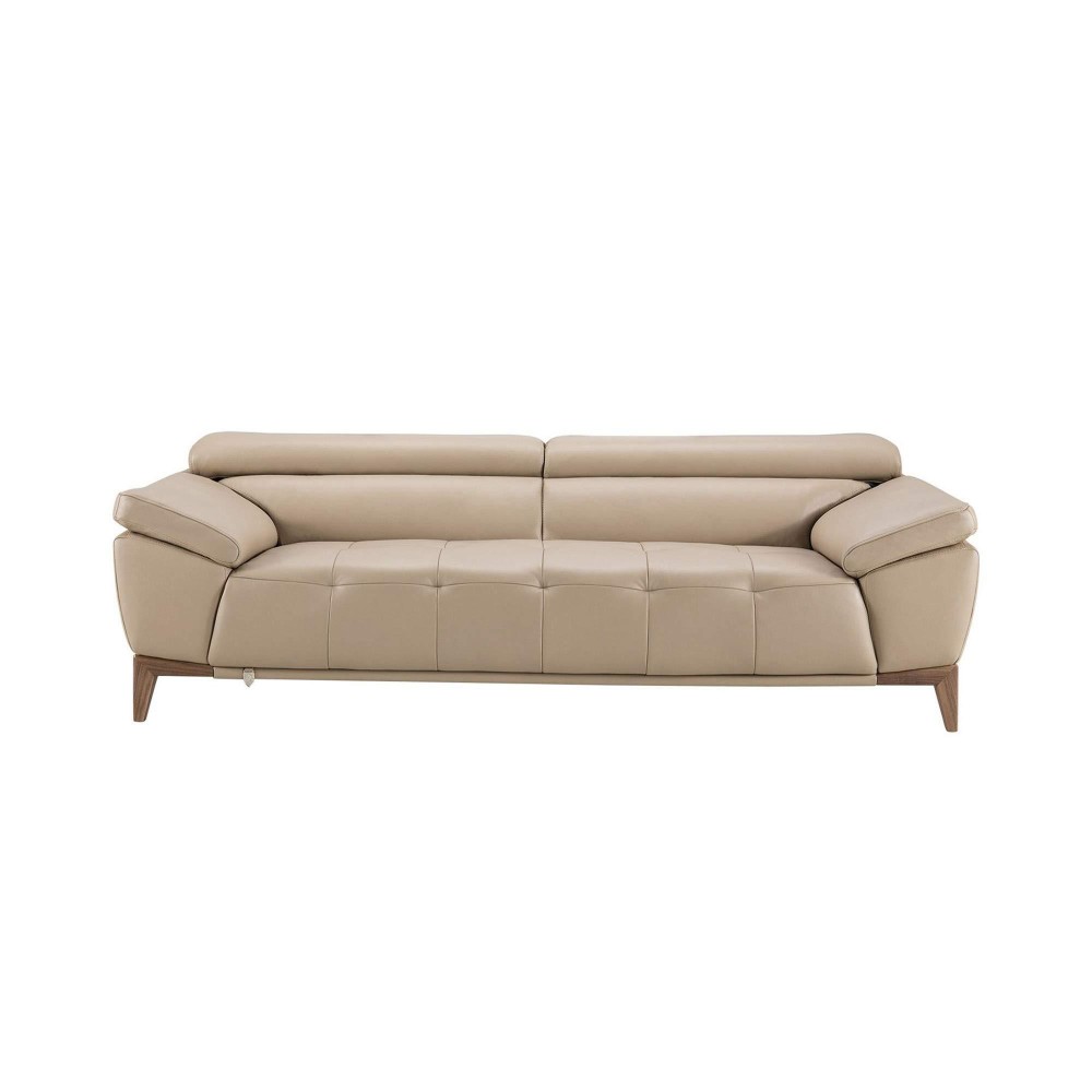 Benjara Leatherette Sofa With Sloped Cushioned Arms And Wooden Legs, Beige