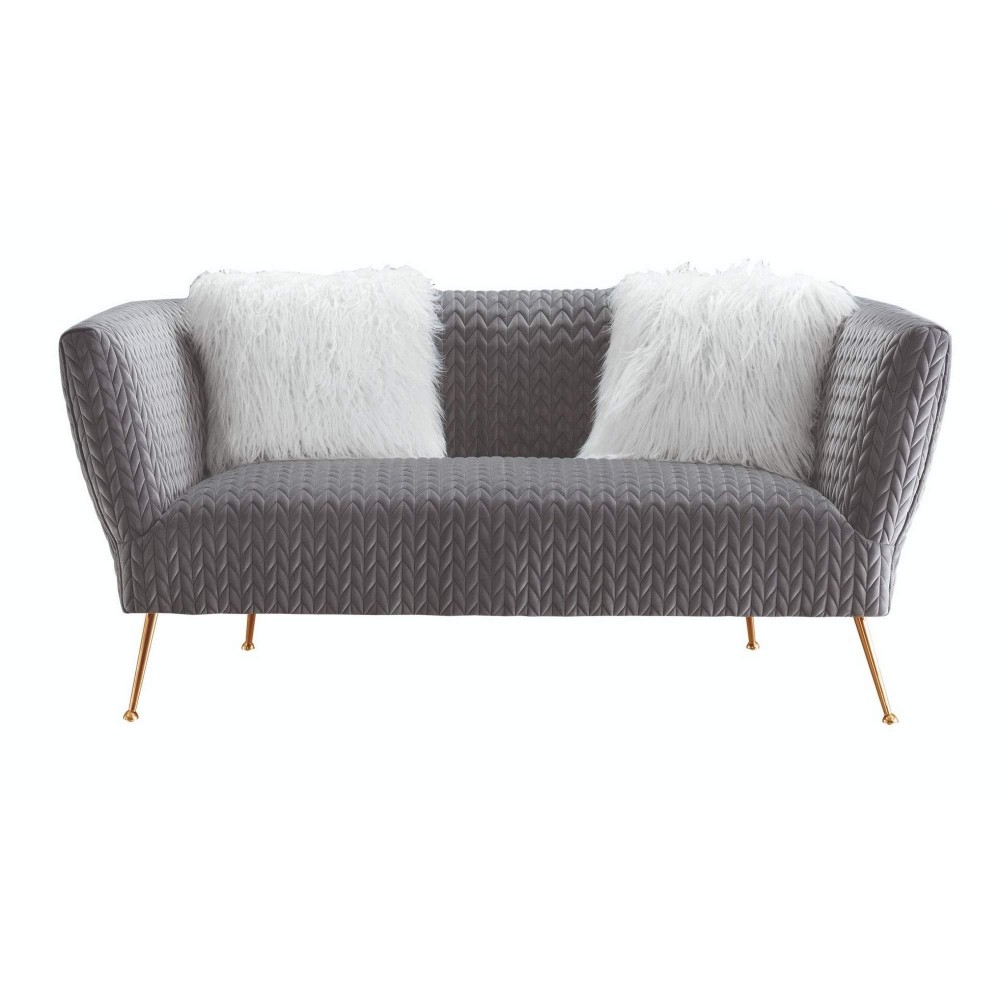Benjara Fabric Upholstered Loveseat With Stitched Chevron Details, Gray And Gold