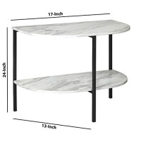 Benjara Crescent Moon Shaped Marble Top Metal Chair Side End Table, White And Black