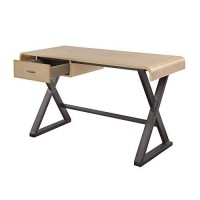 Benjara Aluminum Patchwork Rectangular Desk With X Trestle Base, Gold, Black