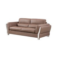 Benjara Leatherette Sofa With Stainless Steel Mirror Accented Armrests, Brown