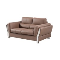 Benjara Leatherette Loveseat With Stainless Steel Mirror Accented Armrests, Brown