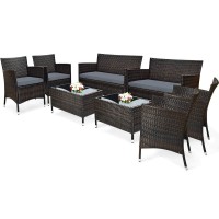 Tangkula 8 Pcs Patio Rattan Conversation Set, Outdoor Wicker Furniture Set With Tempered Glass Coffee Table &Thick Cushion, Rattan Chair Wicker Set For Garden, Lawn, Poolside And Backyard (2, Gray)