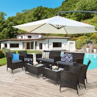 Tangkula 8 Pcs Patio Rattan Conversation Set, Outdoor Wicker Furniture Set With Tempered Glass Coffee Table &Thick Cushion, Rattan Chair Wicker Set For Garden, Lawn, Poolside And Backyard (2, Gray)