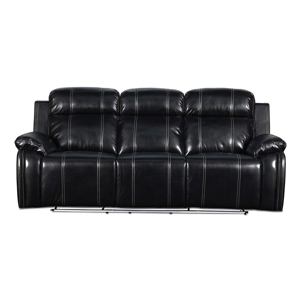 Benjara Leather Dual Recliner Sofa With Gliders And Led Light Trim Base, Black