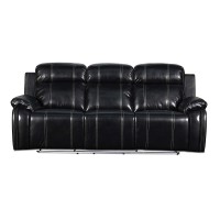 Benjara Leather Dual Recliner Sofa With Gliders And Led Light Trim Base, Black