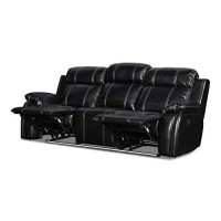 Benjara Leather Dual Recliner Sofa With Gliders And Led Light Trim Base, Black