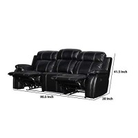 Benjara Leather Dual Recliner Sofa With Gliders And Led Light Trim Base, Black