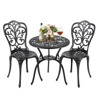 Nuu Garden 3 Piece Outdoor Bistro Table Set, All Weather Cast Aluminum Patio Bistro Sets Patio Table And Chairs Set Of 2 With Umbrella Hole For Yard, Balcony, Black