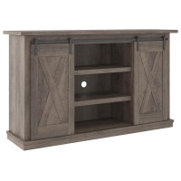 Wooden TV Stand with 2 Cross Barn Sliding Doors, Medium, Taupe Brown