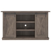 Wooden TV Stand with 2 Cross Barn Sliding Doors, Medium, Taupe Brown