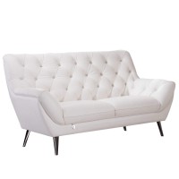 Benjara Contemporary Button Tufted Leather Loveseat With Metal Legs, White