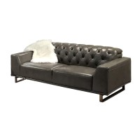Benjara Contemporary Leather Loveseat With Button Tufted Back And Metal Base, Gray