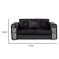 Benjara Faux Leather Loveseat With Pillows And Track Arms, Black And Chrome