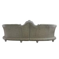 Benjara Crowned Top And Button Tufted Wooden Sofa With Sloped Arms, Beige