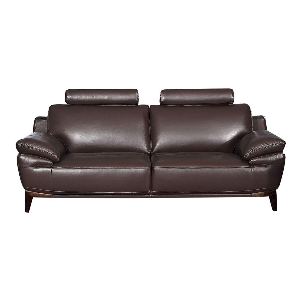 Benjara Leatherette Adjustable Headrest Sofa With Angled Legs, Brown