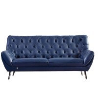 Benjara Contemporary Button Tufted Leather Sofa With Metal Legs, Blue