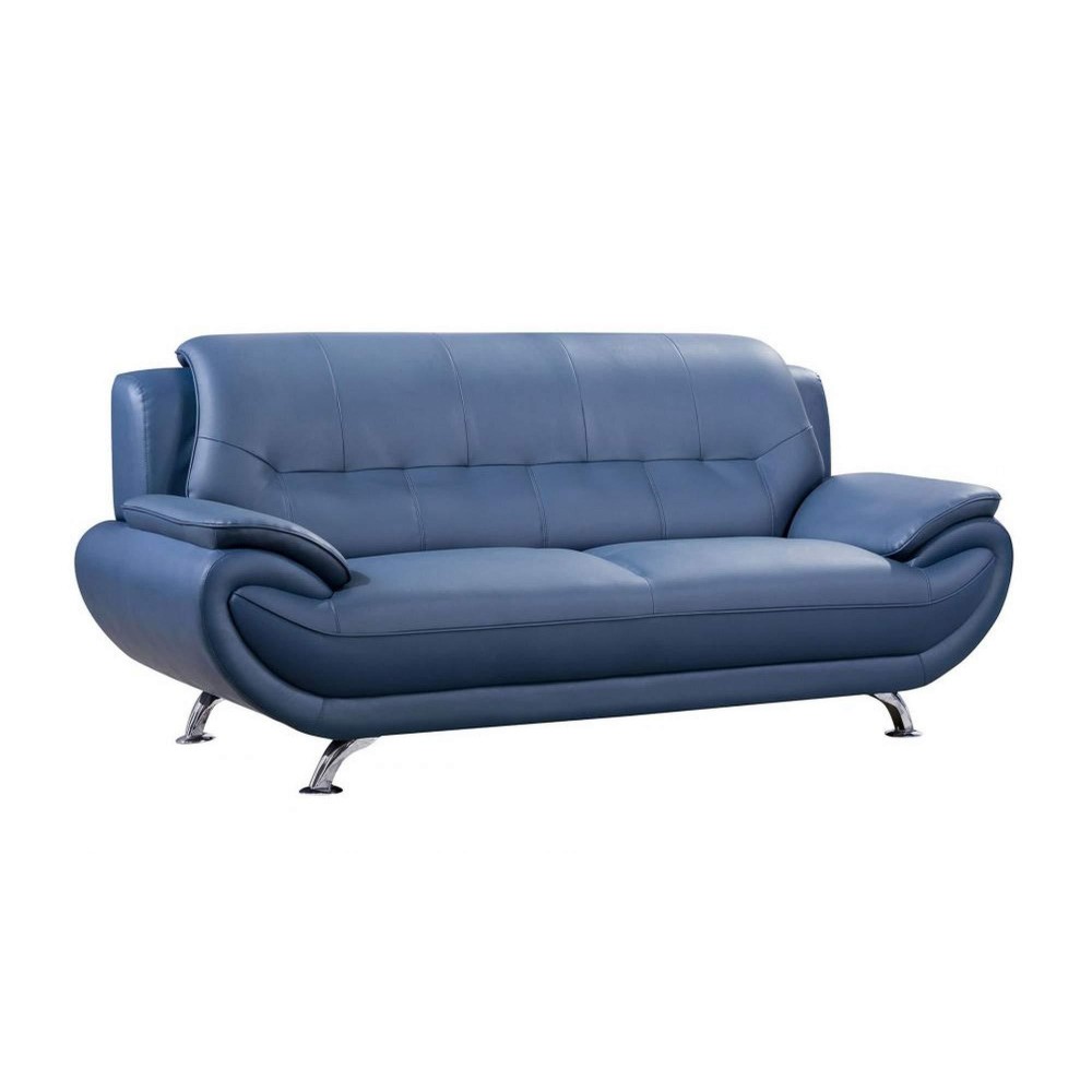 Benjara Faux Leather Upholstered Sofa With Curved Back And Pillow Top Armrest, Blue