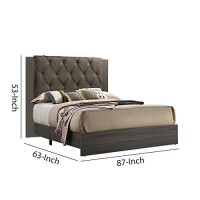 Benjara Wooden Queen Bed With Button Tufted Fabric Headboard, Brown And Gray