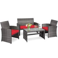 Tangkula 4 Pcs Wicker Patio Conversation Set, Outdoor Rattan Sofas With Table Set, Patio Furniture Set With Soft Cushions & Tempered Glass Coffee Table For Poolside Courtyard Balcony