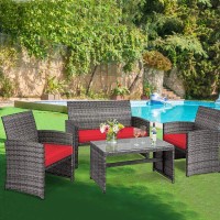 Tangkula 4 Pcs Wicker Patio Conversation Set, Outdoor Rattan Sofas With Table Set, Patio Furniture Set With Soft Cushions & Tempered Glass Coffee Table For Poolside Courtyard Balcony