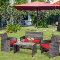 Tangkula 4 Pcs Wicker Patio Conversation Set, Outdoor Rattan Sofas With Table Set, Patio Furniture Set With Soft Cushions & Tempered Glass Coffee Table For Poolside Courtyard Balcony