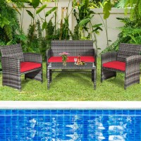 Tangkula 4 Pcs Wicker Patio Conversation Set, Outdoor Rattan Sofas With Table Set, Patio Furniture Set With Soft Cushions & Tempered Glass Coffee Table For Poolside Courtyard Balcony