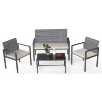 Bigzzia Patio Furniture Set, 4 Pcs Outdoor Conversation Furniture, Includes 2 Rattan Chairs And 1 Loveseat, 1 Tempered Glass Table, With Extra Cushions, Garden Furniture Set For Small Spaces